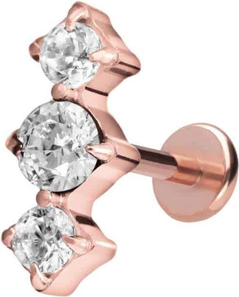 Ohrpiercing, Nasenpiercing Titan Labret mit Push Fit 3 EINGEFASSTE KRISTALLE RoséGold Stablänge: 8mm | Stabstärke: 1mm
