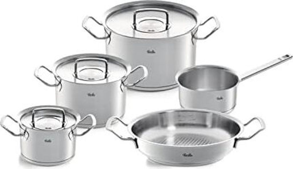 Fissler Original-Profi Collection Edelstahl-Kochtopfset, 5-teilig, Topf mit Metall-Deckel (3 Kochtöpfe inkl. Deckel,1 Servierpfanne, 1 Stielkasser...