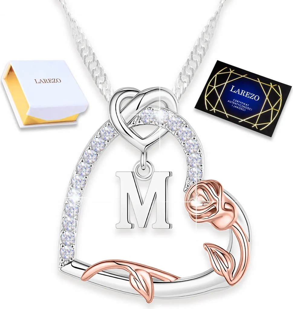 Collana in argento con ciondolo a cuore, lettera M, rosa e zirconi, argento 925