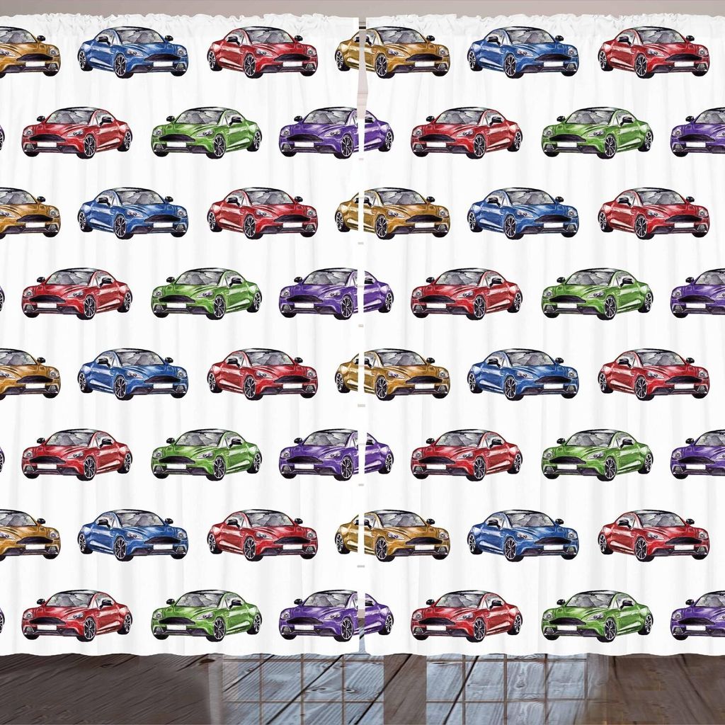 ARANDE Autos Gardine, Bunte schnelle Sportwagen mit verschiedenen Winkeln übergeben gezogene schnelle Fahrzeuge, 280 x 225 cm, Farngrün Lila Rot