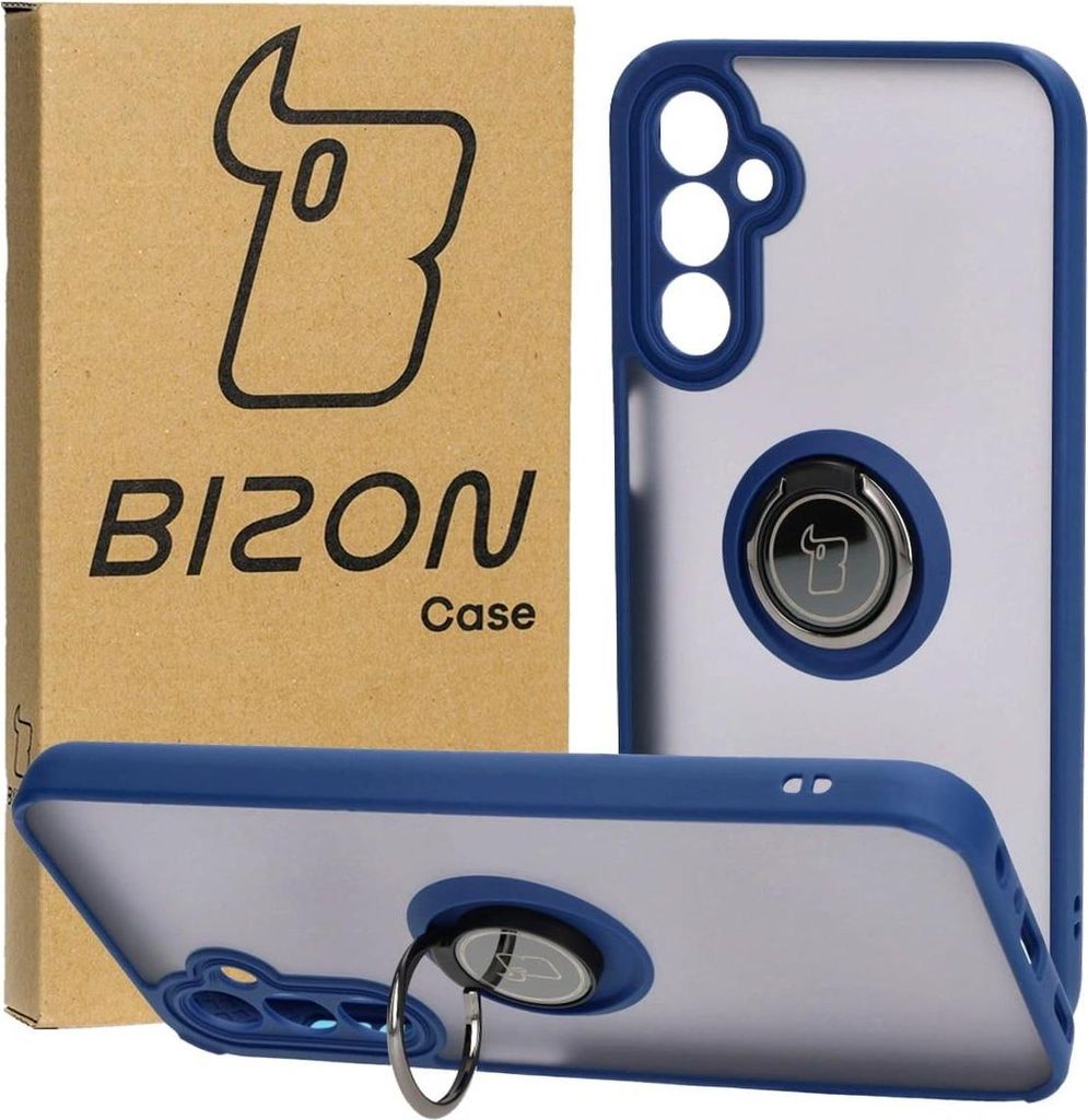 Bizon Case Hybrid Ring Fingerringhülle für Galaxy A24 4G, Rauch mit marineblauem Rahmen