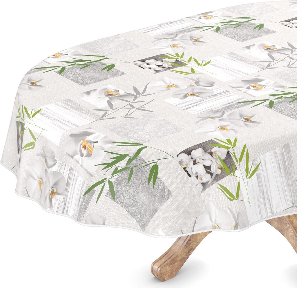 Tischdecke Wachstuch Blumen Grau Robust Wasserabweisend Oval Breite 140 cm Länge 200 cm