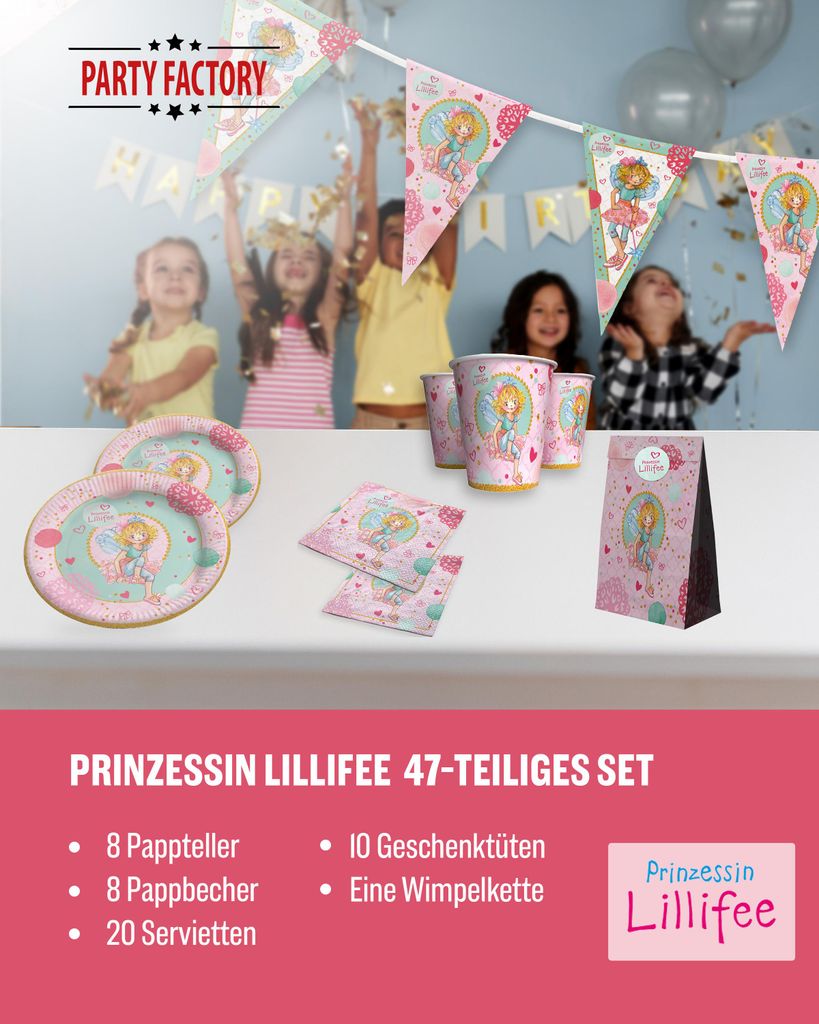 Prinzessin Lilifee 47-tlg. Party Set – Deko mit Geschenktüten Wimpel Servietten