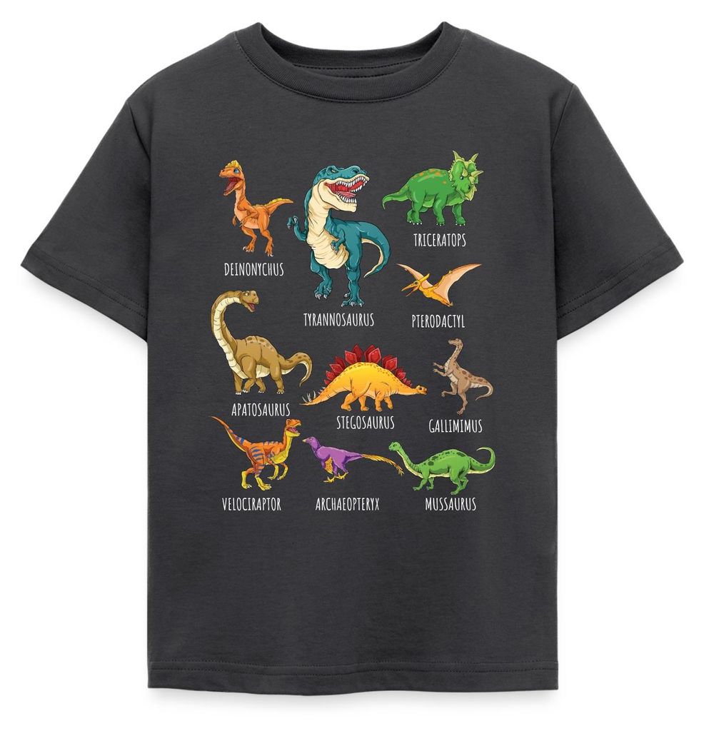 Spreadshirt Dinosaurier Arten Übersicht Dino T-Rex Comic Kinder T-Shirt, 122/128 (7-8 Jahre), Dunkelgrau