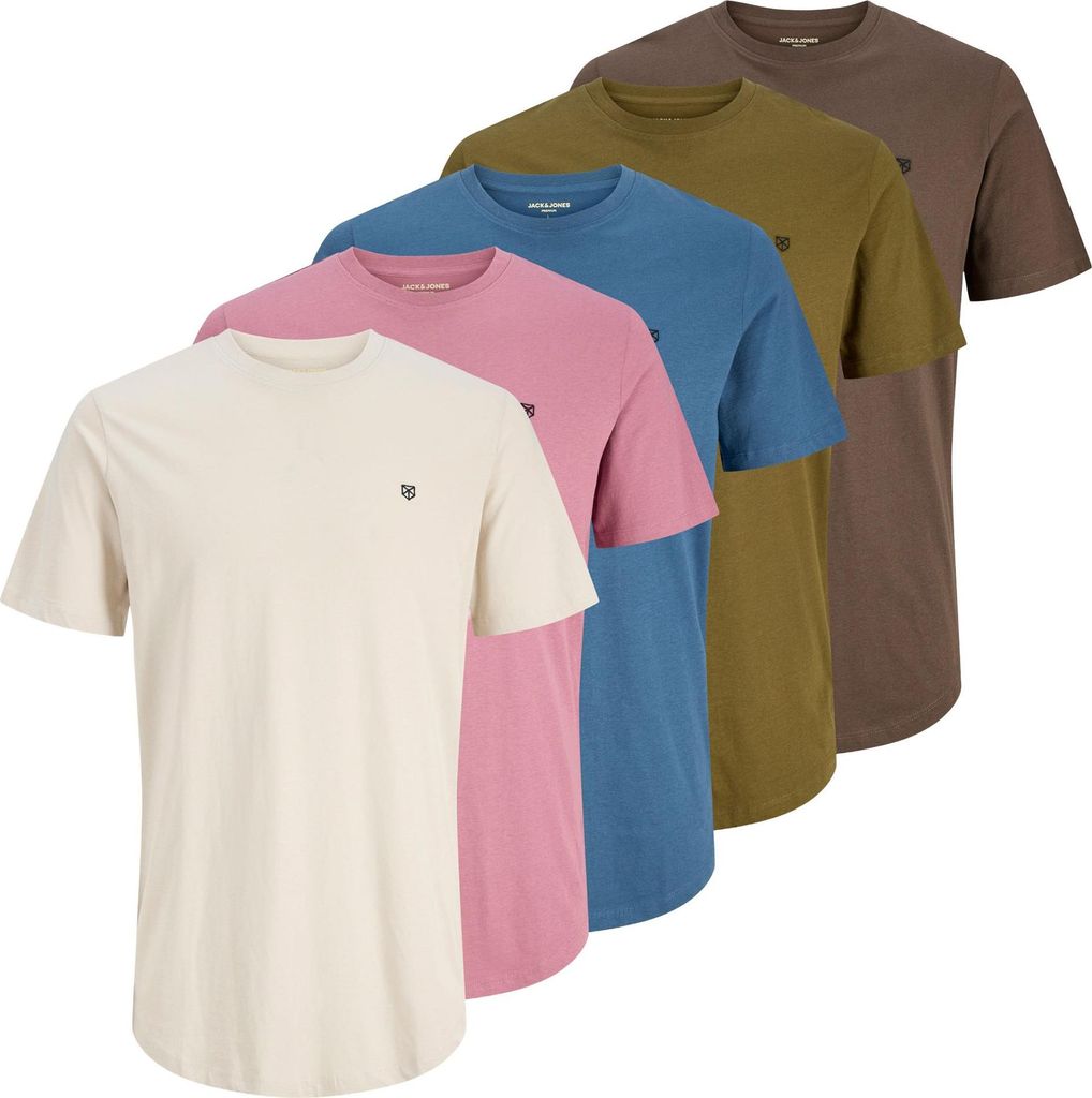 JACK&JONES Herren T-Shirt, 5er Pack - JPRBLABRODY TEE CREW NECK 5PK, Kurzarm, Rundhals, Baumwolle Braun/Blau/Rosa M
