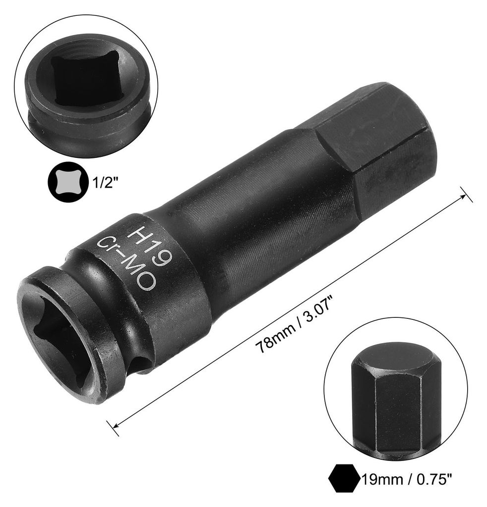 19mm Sechskant-Schlagschrauber-Bit-Steckdose H19 1/2" CR-MO-Stahl Phosphat Verl?ngern Sechskantschraubendreher-Steckdosenadapter fš¹r Auto-Mechan...