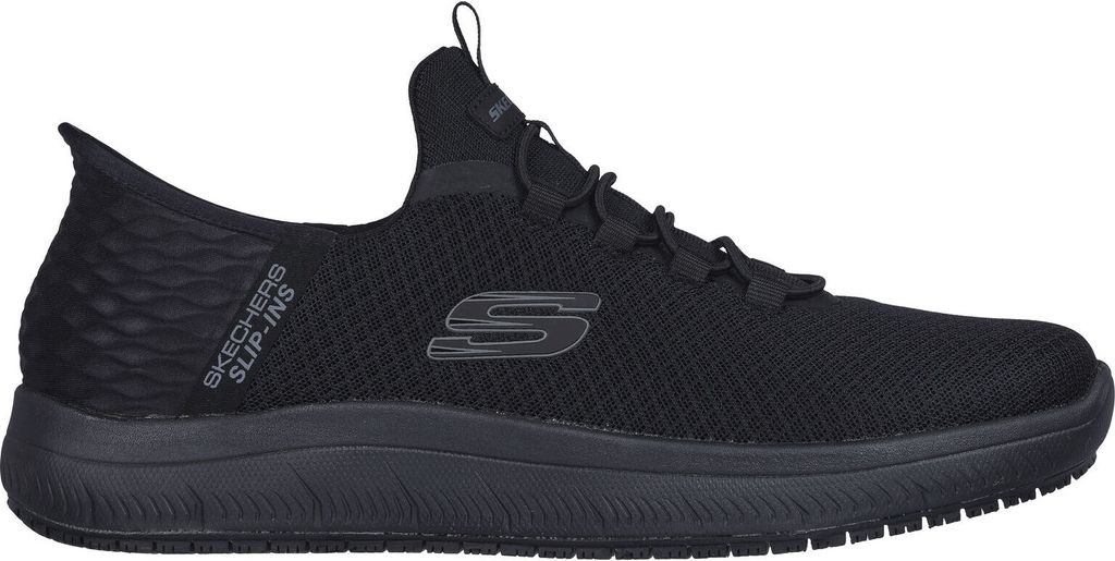 A black Skechers slip-on shoe is shown from the side against a white background.