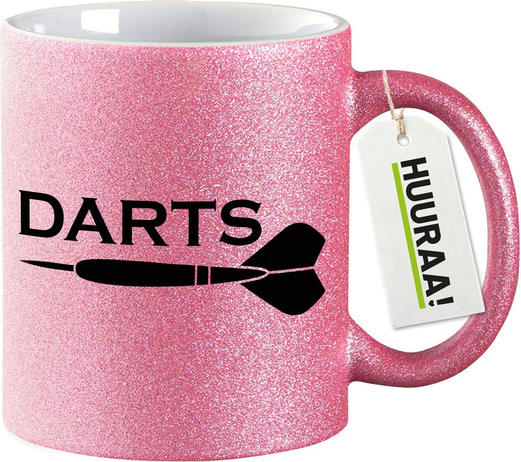 Huuraa Glitzer Kaffeebecher Darts Dartpfeil Geschenk 330ml Pink Darts Mitbringsel