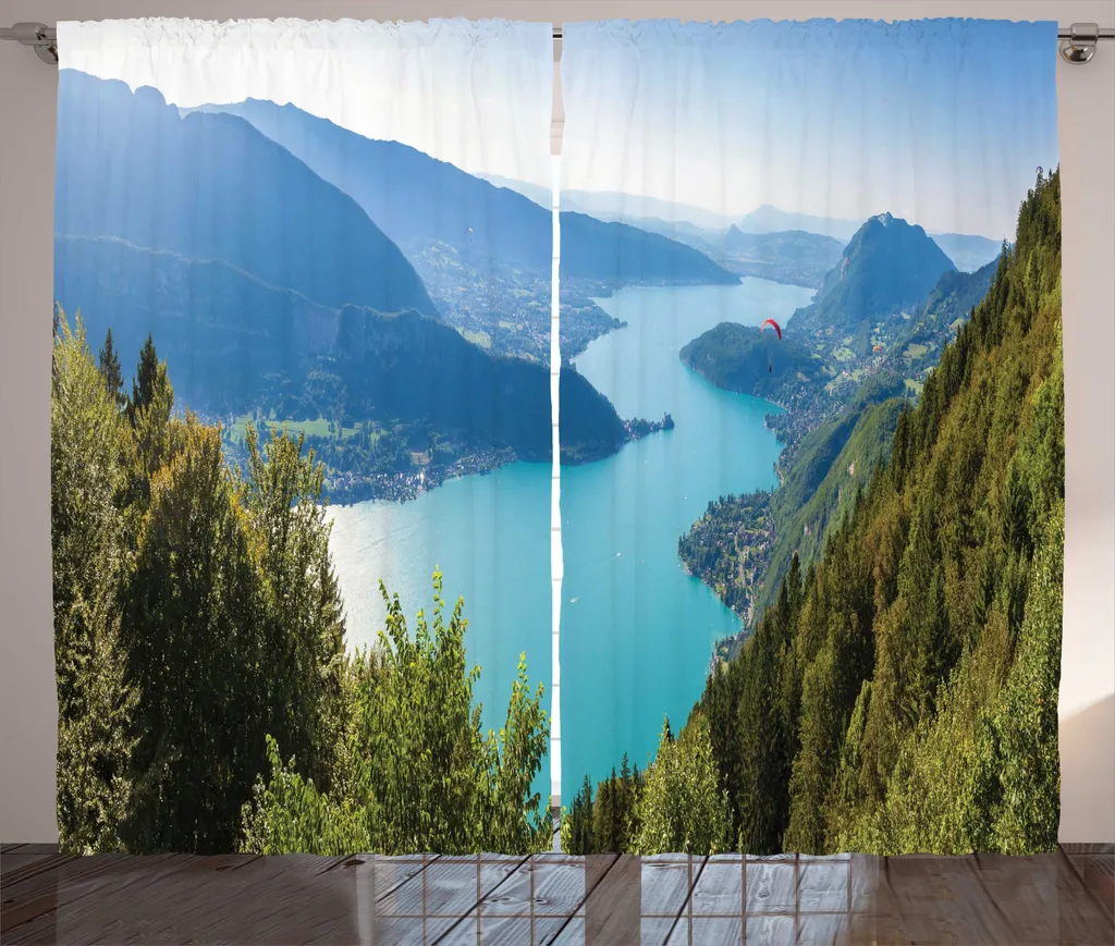 Rideaux Universels de Salon Motif Pin et Lac Annecy Bleu Azur 280x225