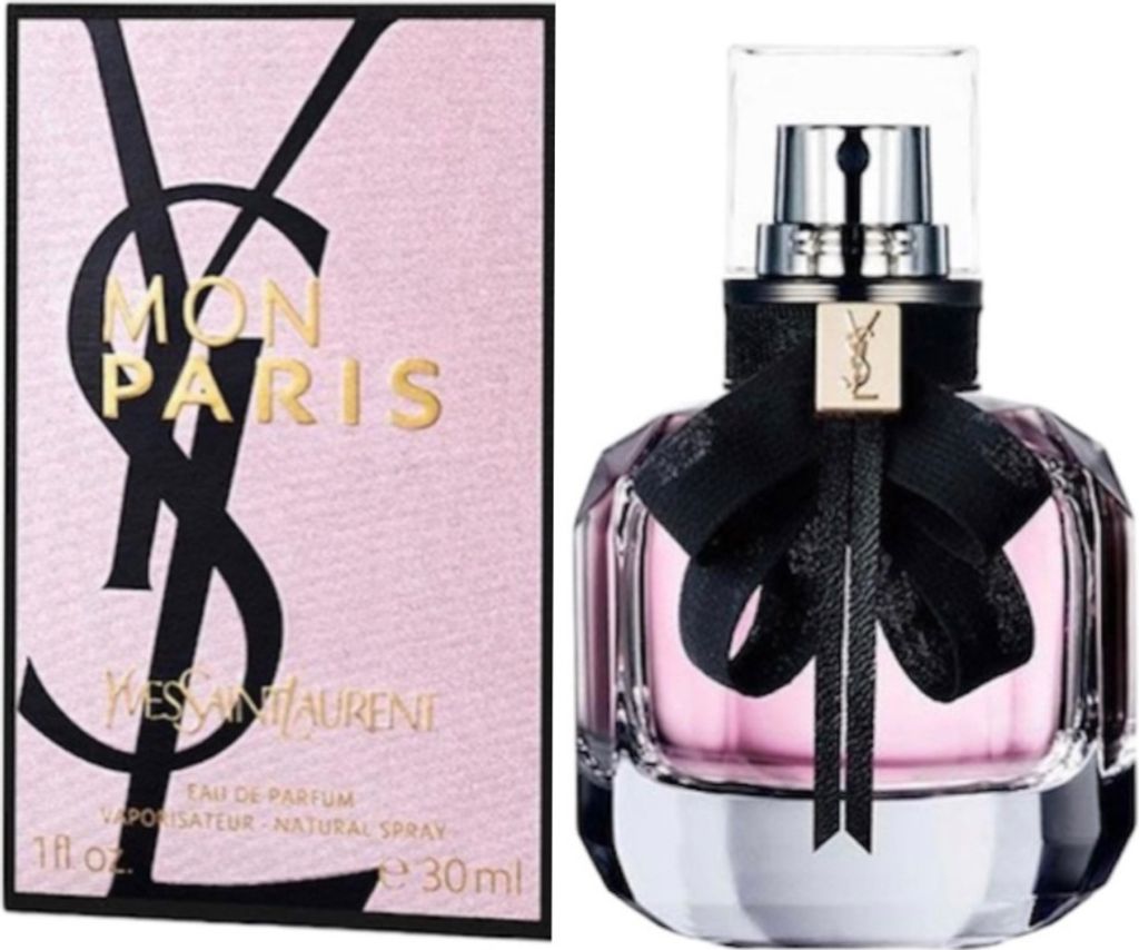 A product shot of Yves Saint Laurent Mon Paris Eau de Parfum and its packaging.