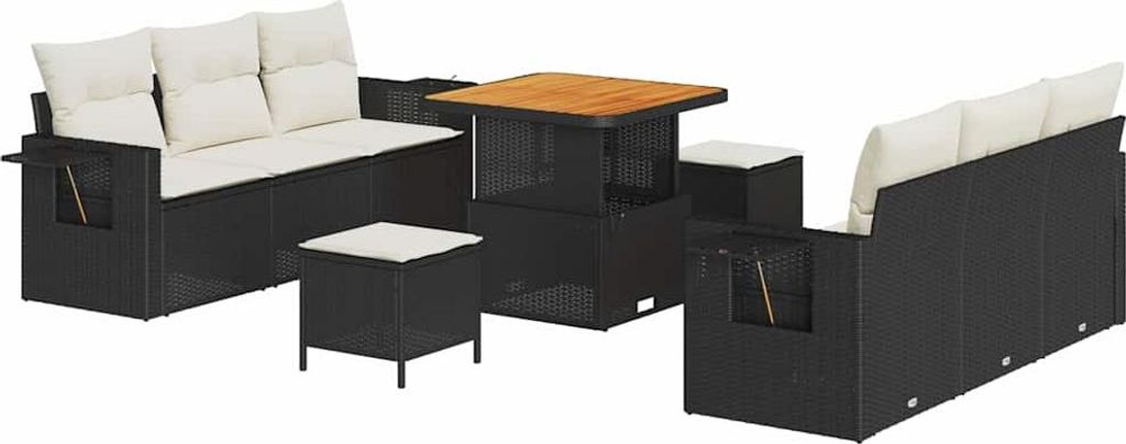 vidaXL Garten-Sofa-Set mit Kissen mit Speicher 9 pcs Schwarz und Creme