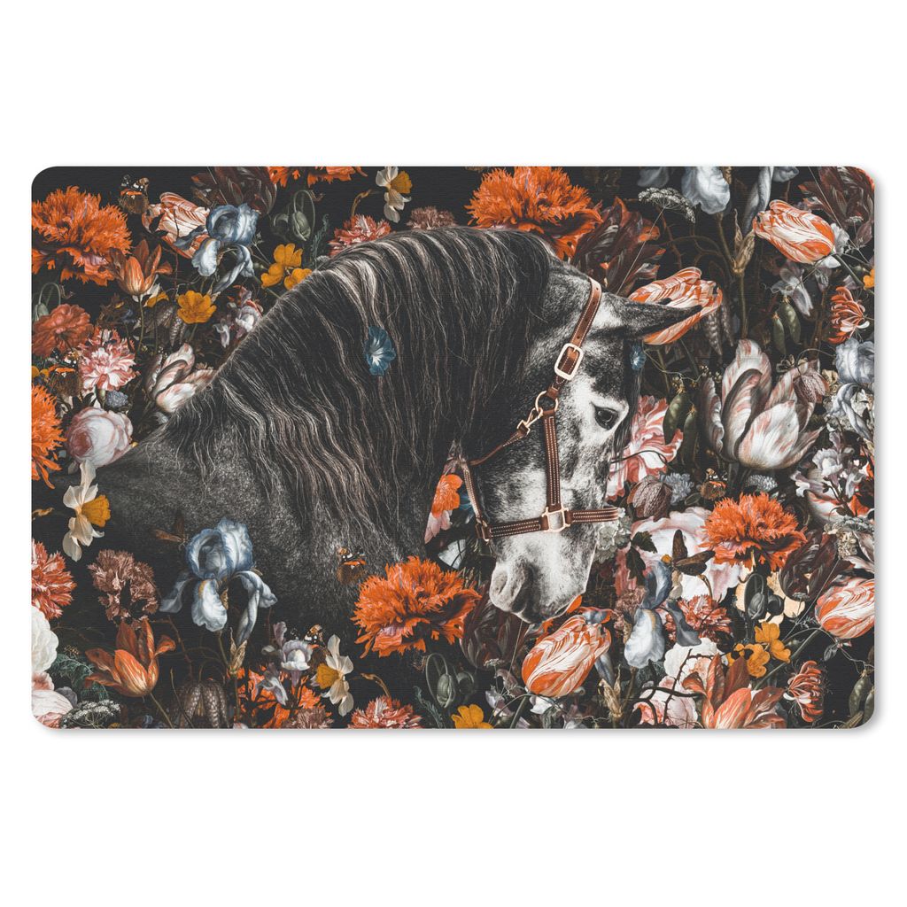 MuchoWow Schreibtischunterlage Pferd - Blumen - Halfter 60x40 cm - XXL Mauspad - Großes Mauspad