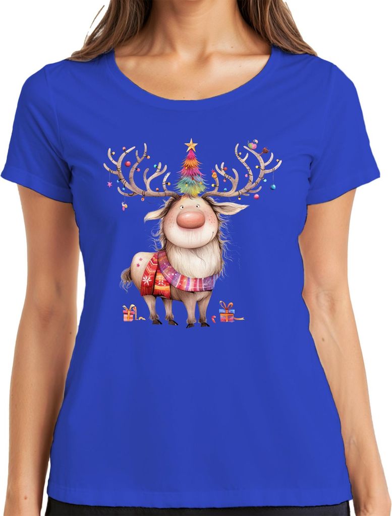 Weihnachtsrentier niedlich buntes Geweih Weihnachtsbaum Geschenk Damen T-Shirt, Blau, 3XL