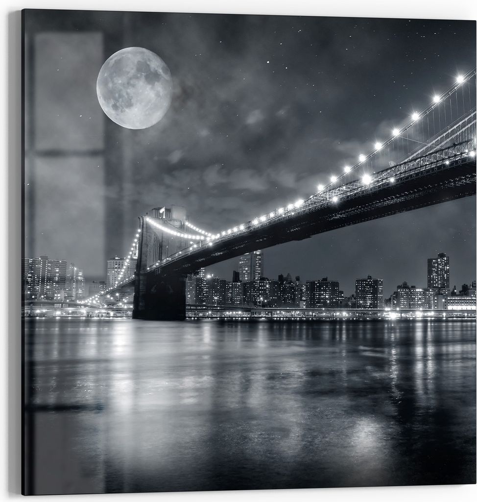 DEQORI Glasbild Echtglas 30x30 cm 'Mond über Manhattan' Wandbild Bild modern Deko