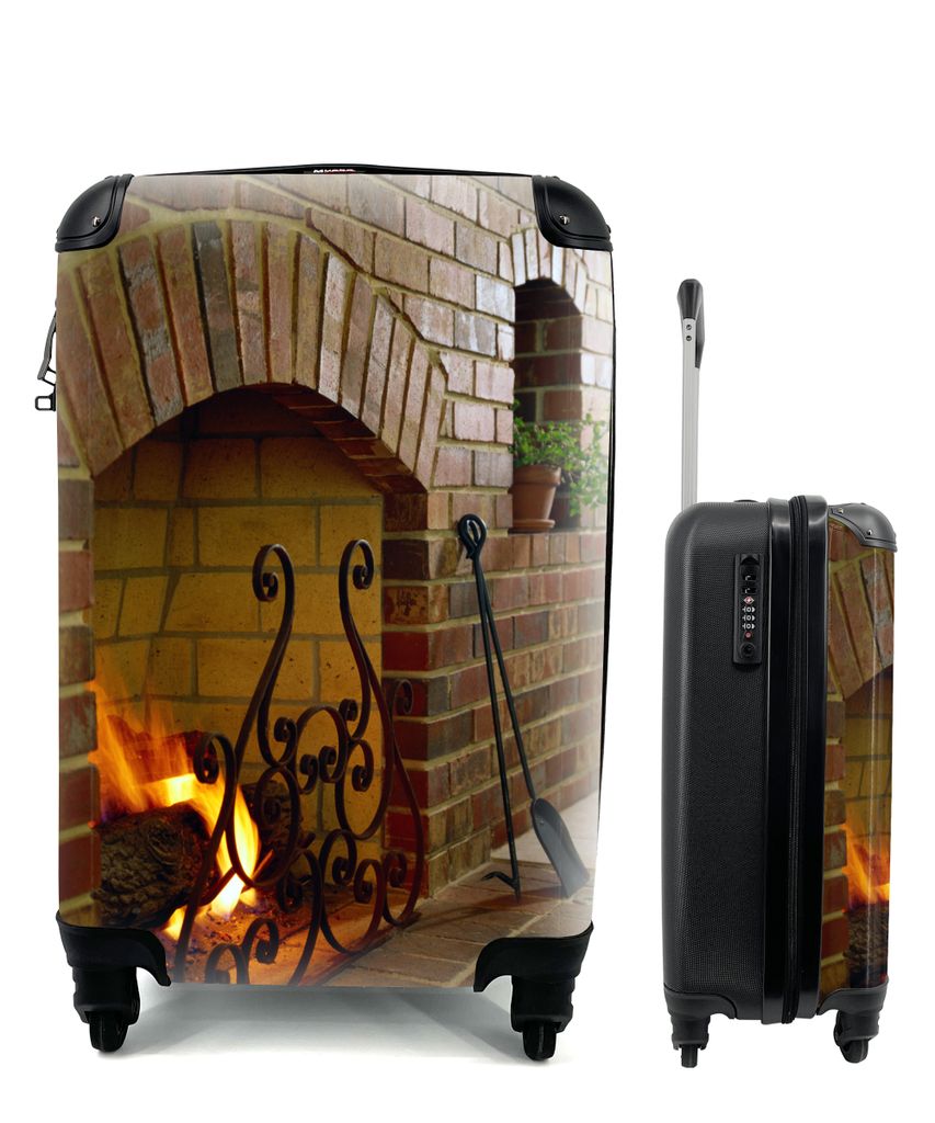 MuchoWow Koffer Handgepäck Trolley Rollkoffer Kleine Reisekoffer mit 4 Rollen - Feuer im Kamin - Cabin Size < 55x40x23 cm & 55x40x20 cm - Fotoko...