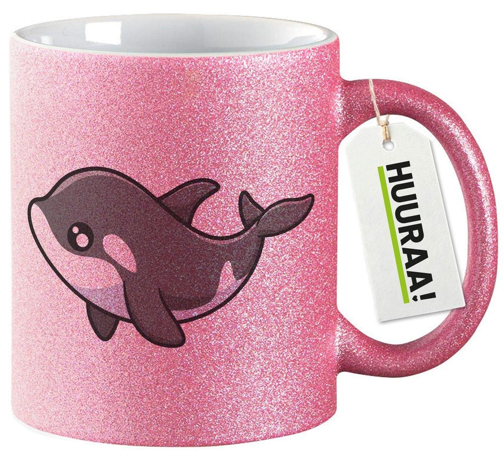 Huuraa Glitzertasse Orka Killerwal 330ml Pink Keramik Kaffeebecher Geschenkidee