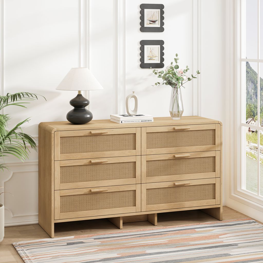 okwish Sideboard Kommode Aufbewahrungsschrank mit 6 Schubladen aus Rattan,Schminktisch für Wohnzimmer, Schlafzimmer und Küche,Natur