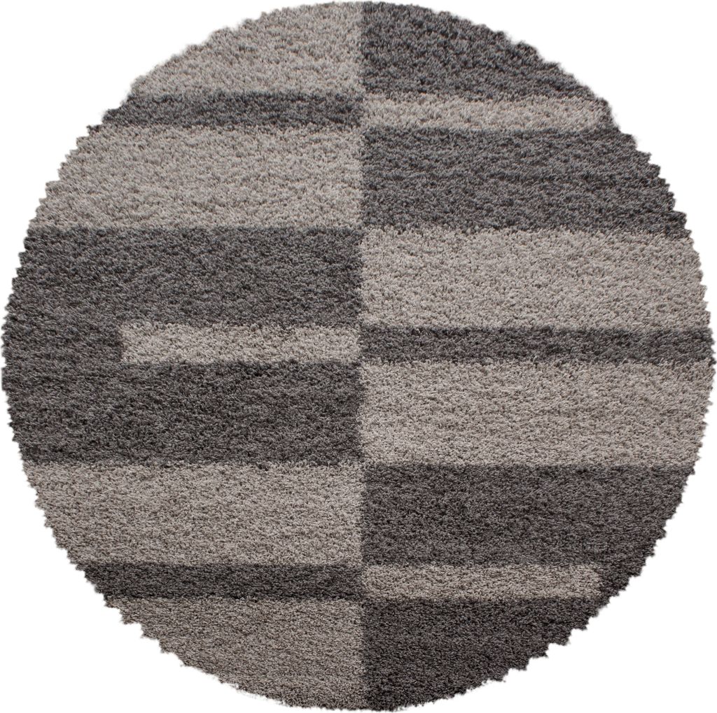 Hochflorteppich Karo Weich Flauschig Waschbar Strapazierfähig | Rund Taupe 160x160 cm Wohnzimmer Fußbodenheizung | WATZMANN – Kadima Design