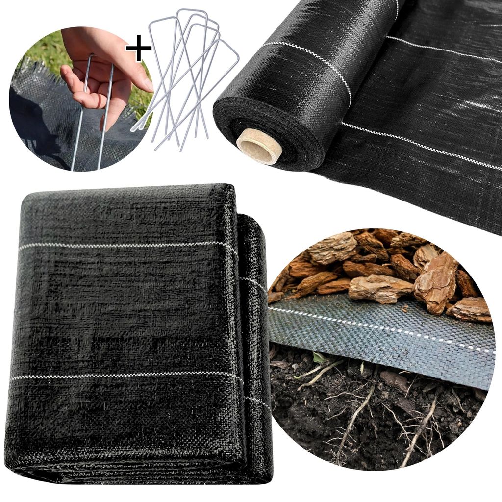 Agrotextil, schwarzes Agrogewebe UV POLEN 1,6m 90 g/m² Unkrautvlies, dicke Matte + Stahlstifte- 5m