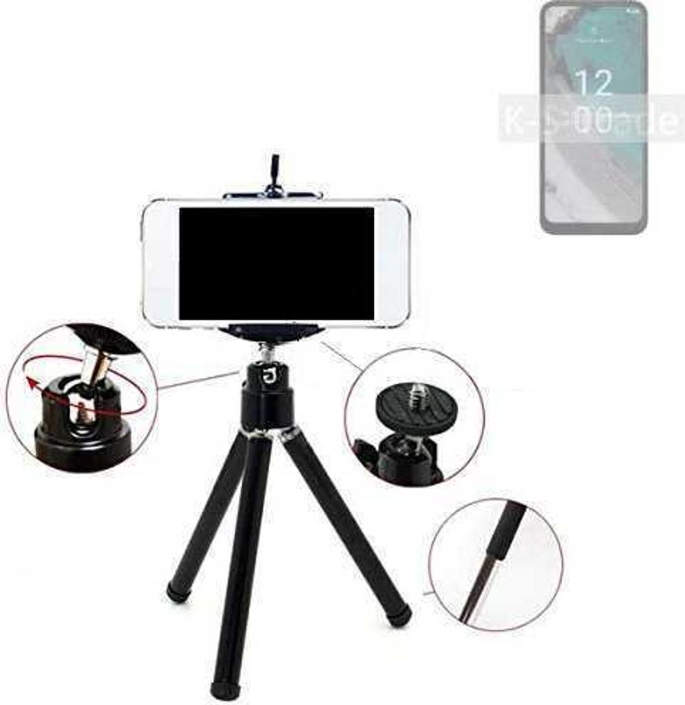 K-S-Trade Smartphone Stativ Dreibein kompatibel mit Nokia C32 Tripod aus Aluminium Klemmstativ Stativ Adapter für Mobiltelefone schwarz 1x