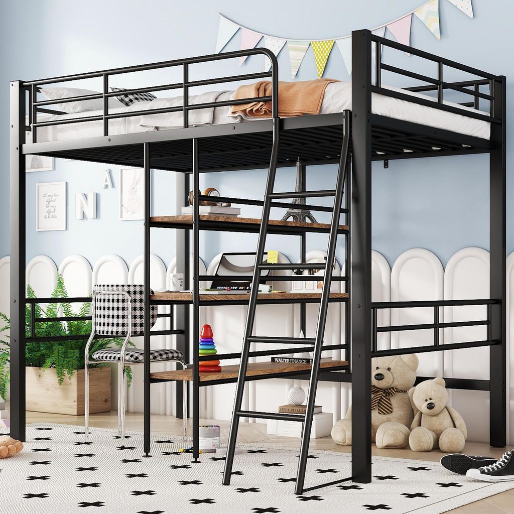A child's bedroom with a loft bed, desk, and shelves.