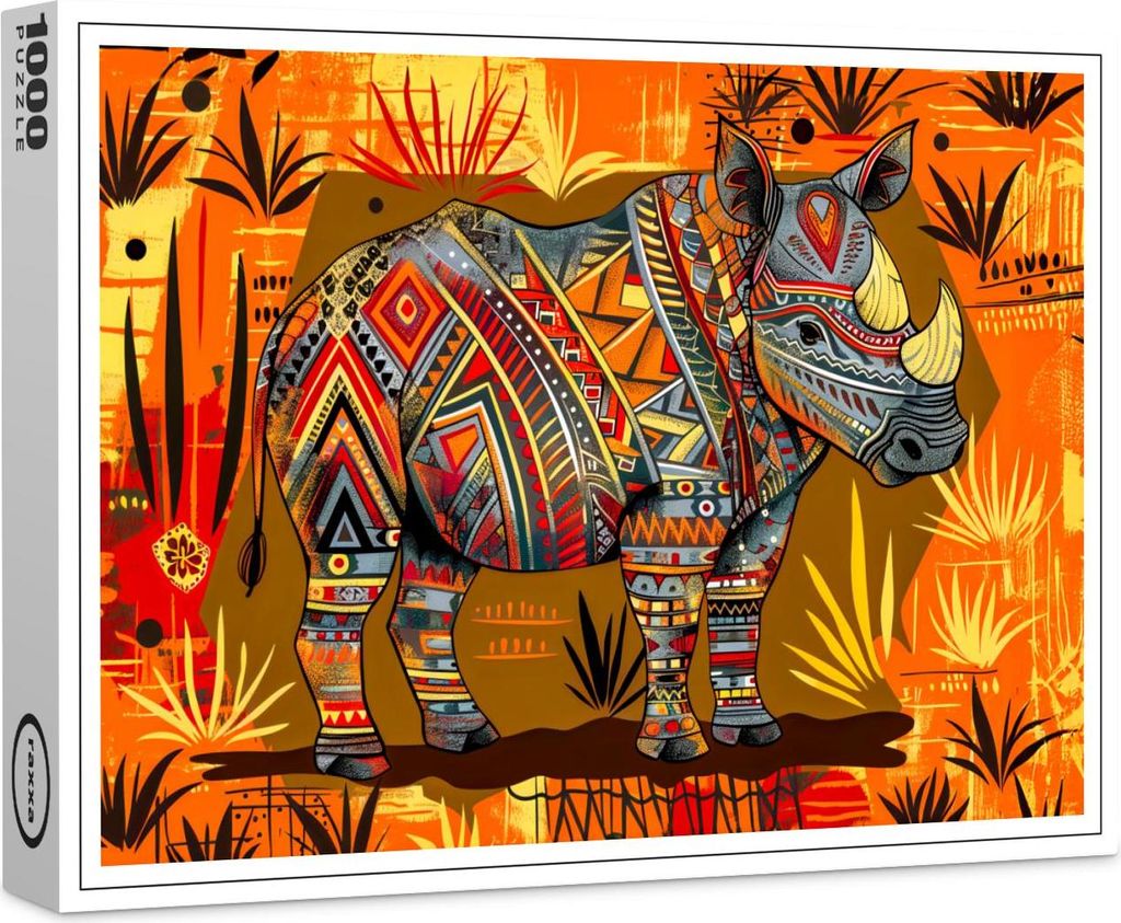 raxxa Premium-Puzzle "A single African rhino with bold tribal patterns, standing in a stylized savanna scene painted in African folk art style", 10...