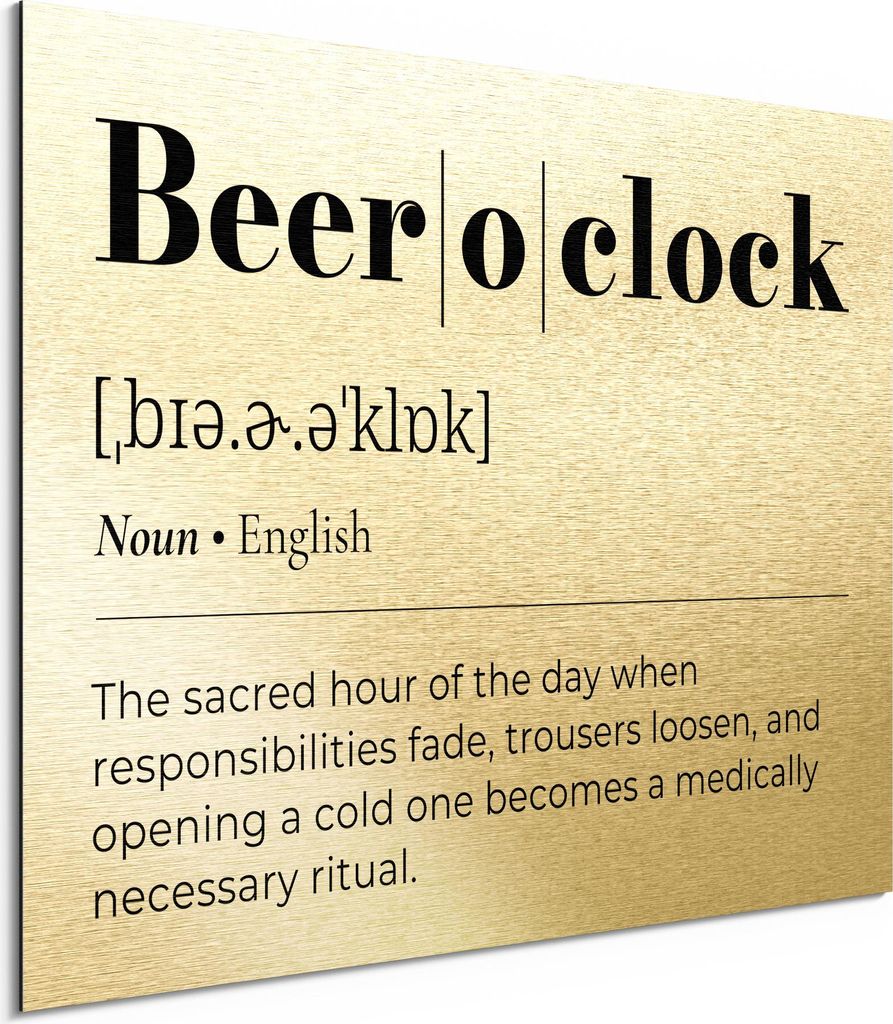 DEQORI Alu-Dibond Bild Gold 80x60 cm 'Beer oclock - Definition' Wandbild Metall dünn