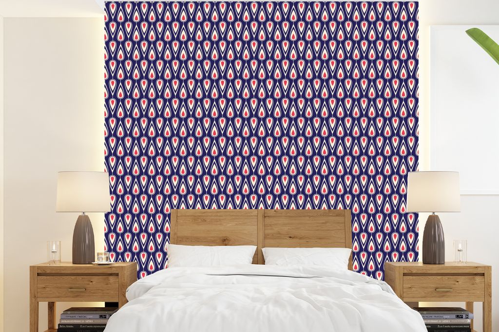MuchoWow Fototapete für Wohnzimmer oder Schlafzimmer Wandtapete Vinyl Motivtapete Muster - Vintage - Blau - Rot - 240x260 cm - Tapezier Papier