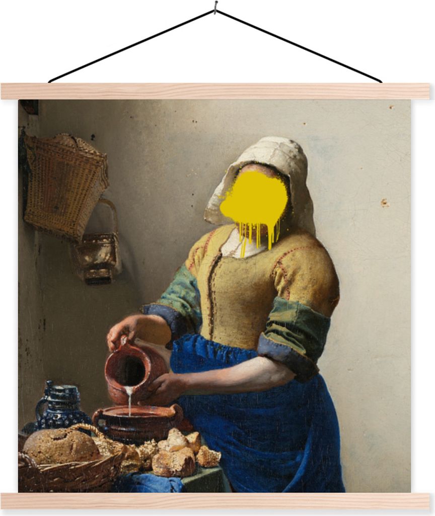 MuchoWow Textilposter Das Milchmädchen - Vermeer - Kunst 120x120 cm mit holzfarbenen Rahmen - Textil-Poster