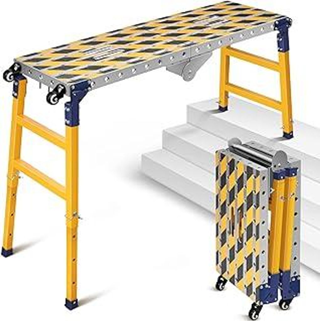 2 in 1 Stabil Arbeitsplattform + Mobiler Schweißtisch mit Antirutsch Klebestreifen, 60-90cm Höhenverstellbar Klappbare Arbeitsbühne Laufbühne A...