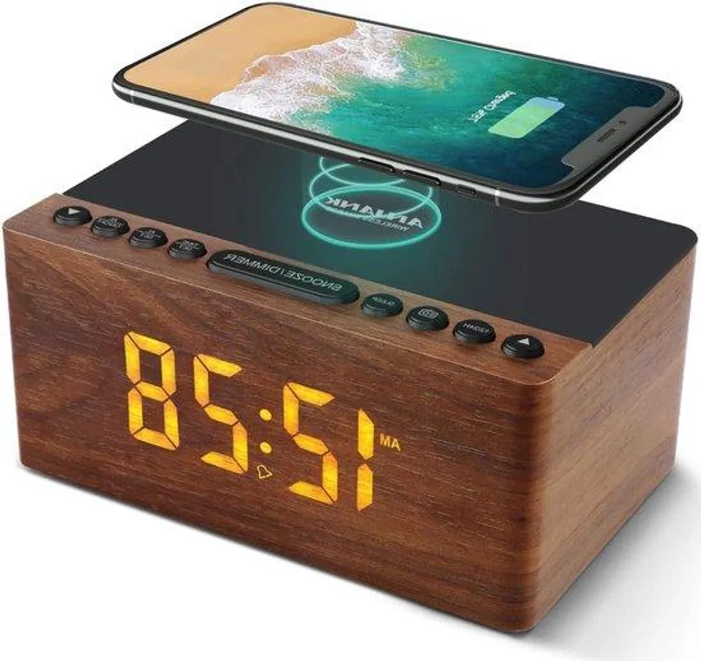 Radio-réveil en bois FM avec chargeur sans fil 10W et port USB OAK-26