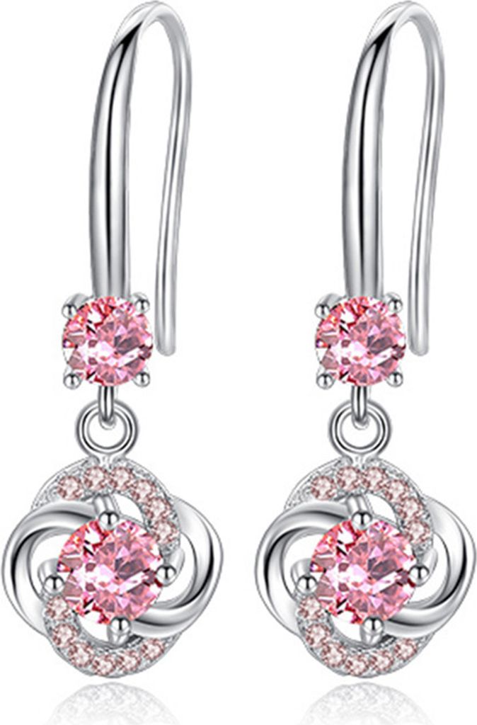 Frauen Strass Zirkonia Quaste Vierblättriges Kleeblatt Haken Ohrringe Schmuck-Rosa