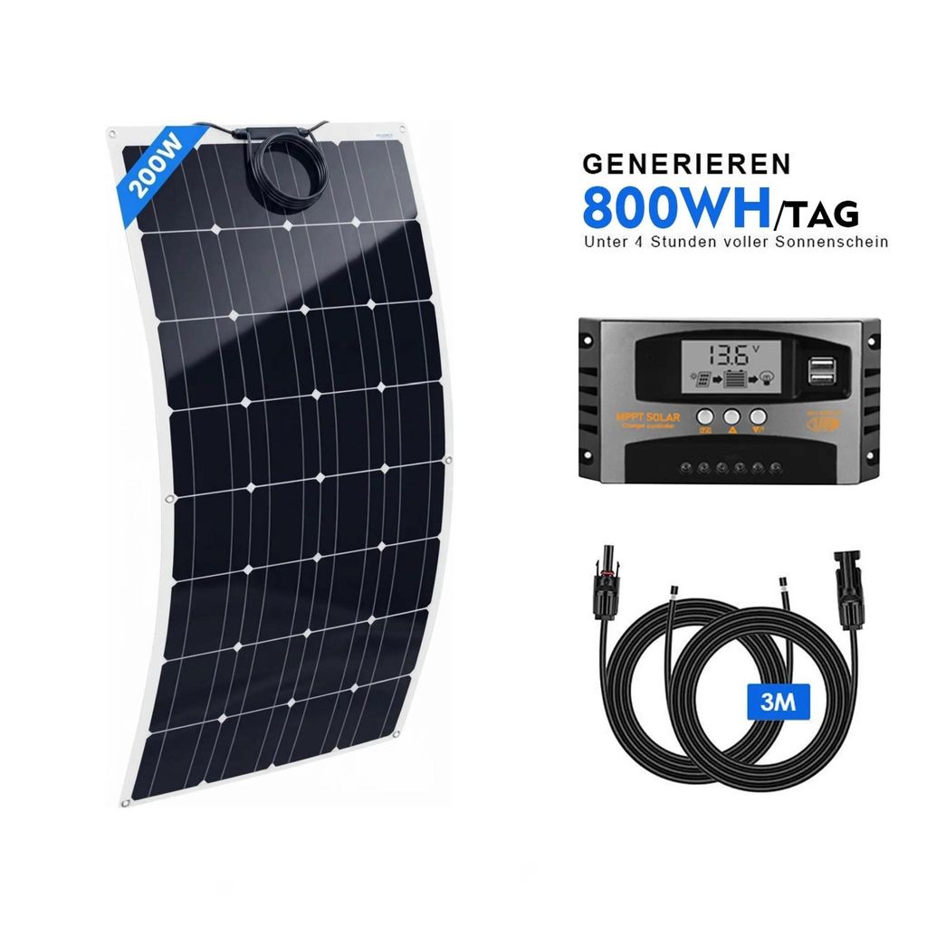200W Solarpanel Flexibel Monokristallin 12V Solarmodul Set Produktbild 