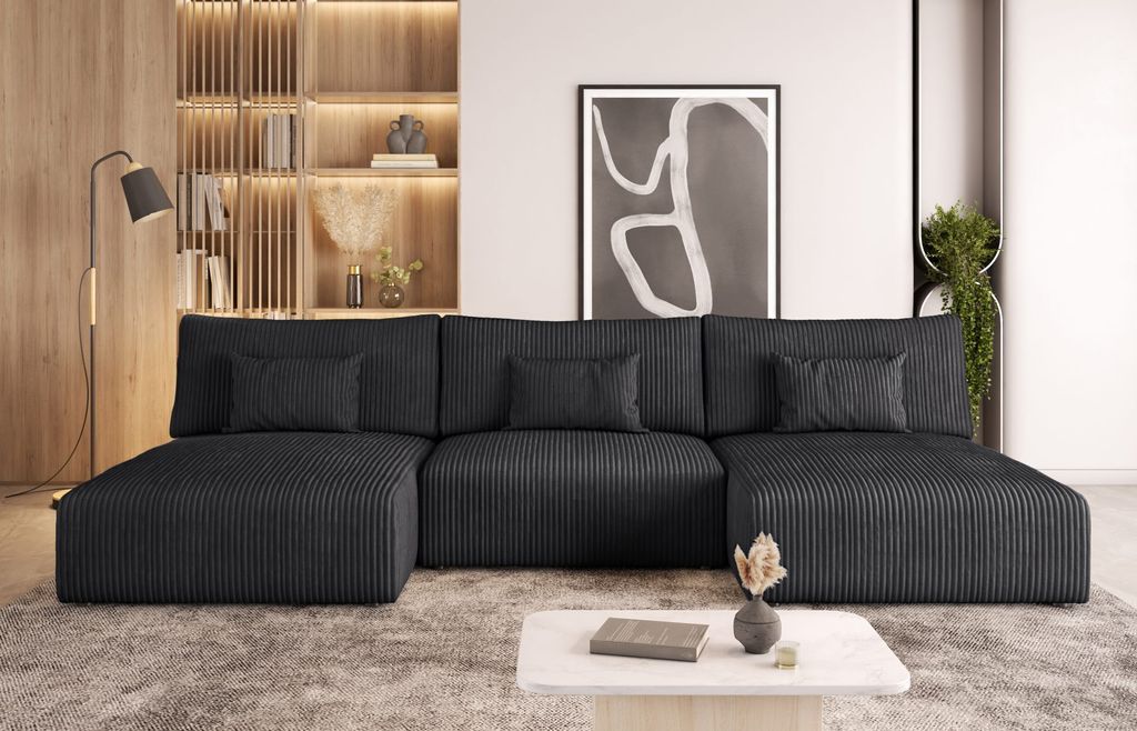 Easy4You Graphite Ecksofa Modulo Kord in U-Form 315 x 80 x 152 cm mit Schlaffunktion und Bettzeugbehälter - Schlafsofa mit Bettkasten - Eckcouch m...