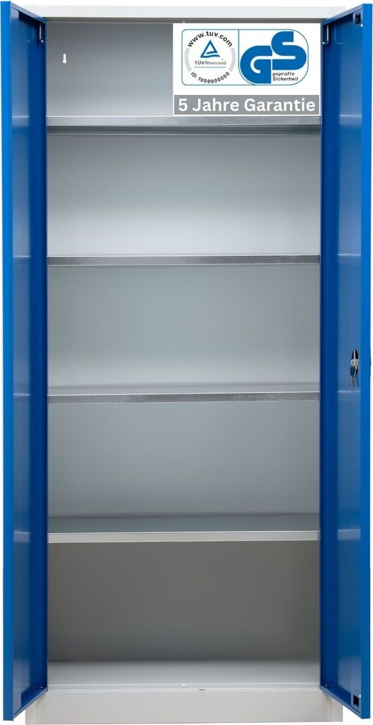 Stahlschrank BEE mit 6 lackierten Fachböden | HxBxT 195x92x50cm | Korpusfarbe Verkehrsweiß, Frontfarbe Enzianblau | Werkstattschrank Werkzeugschr...