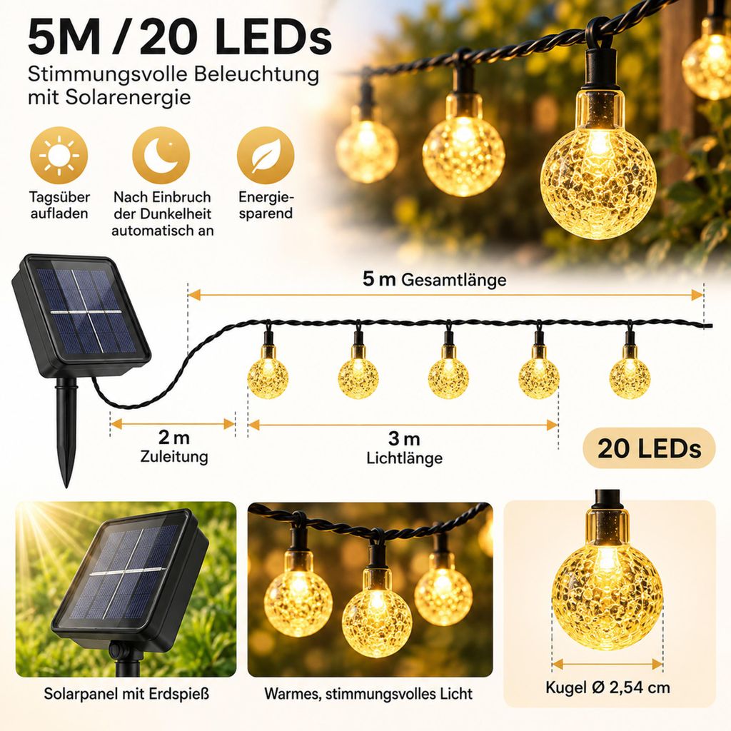 5M Solar Lichterkette Warmweiß Garten Balkon Party Deko
