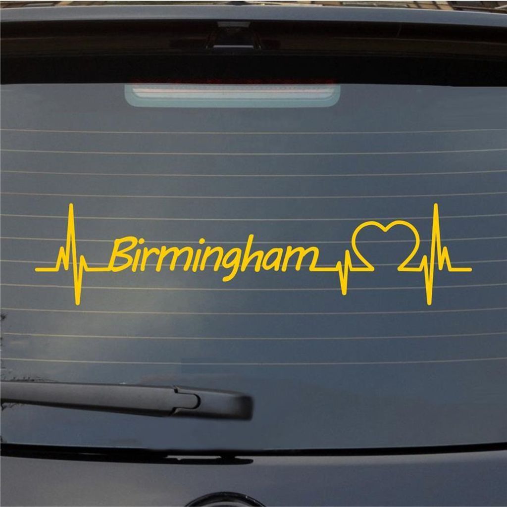 Heckscheibenaufkleber Birmingham Herzschlag Puls Stadt Liebe 55x13 cm Gelb Auto Aufkleber Sticker