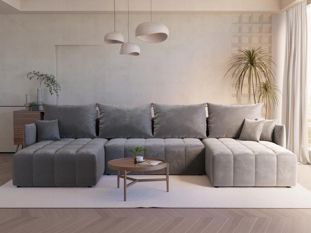 LetSit Ecksofa Pola U Monolith U-förmig Freistehendes Loungesofa Kompakt Schlaffunktion Schmutzabweisend Bettzeuglagerung Für Wohnzimmer Grau