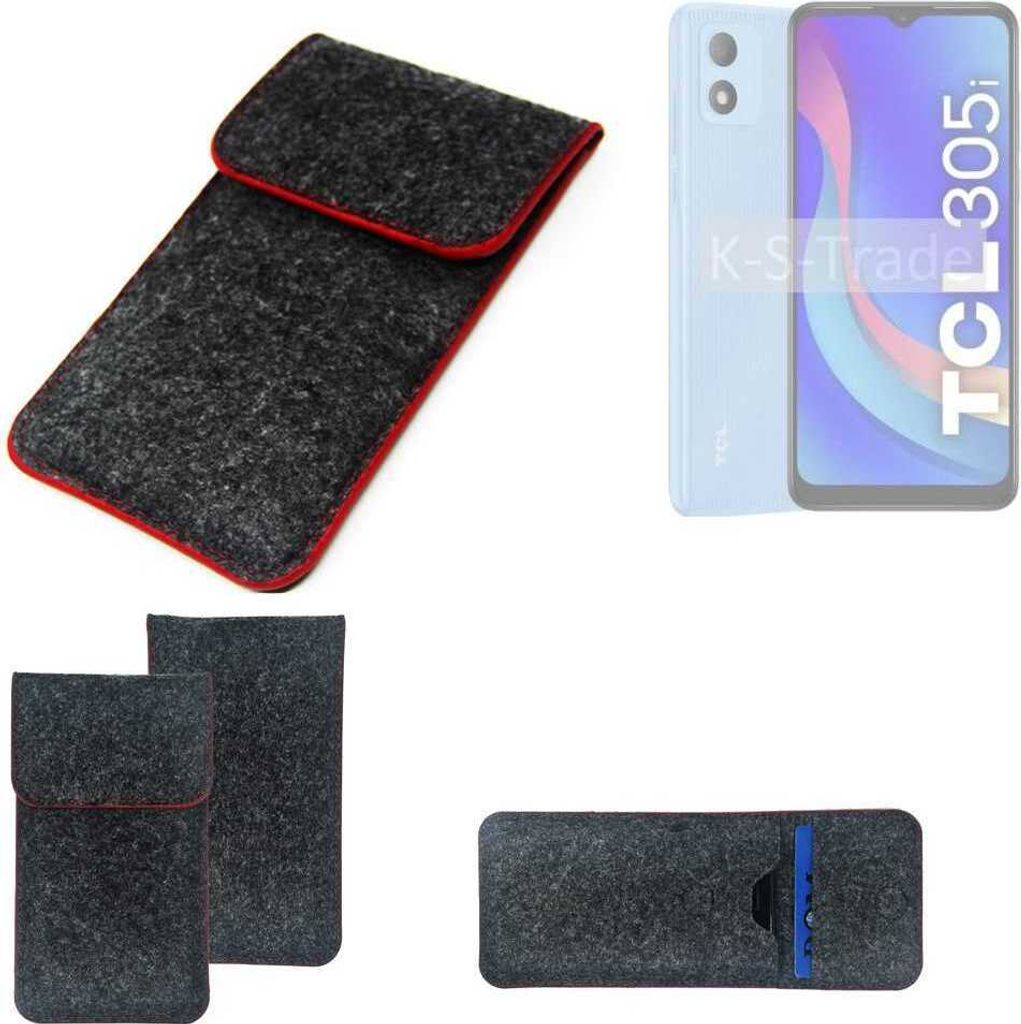 K-S-Trade Handy Schutz Hülle kompatibel mit TCL 305i Schutzhülle Handyhülle Filztasche Pouch Tasche Case Sleeve Filzhülle dunkelgrau roter Rand