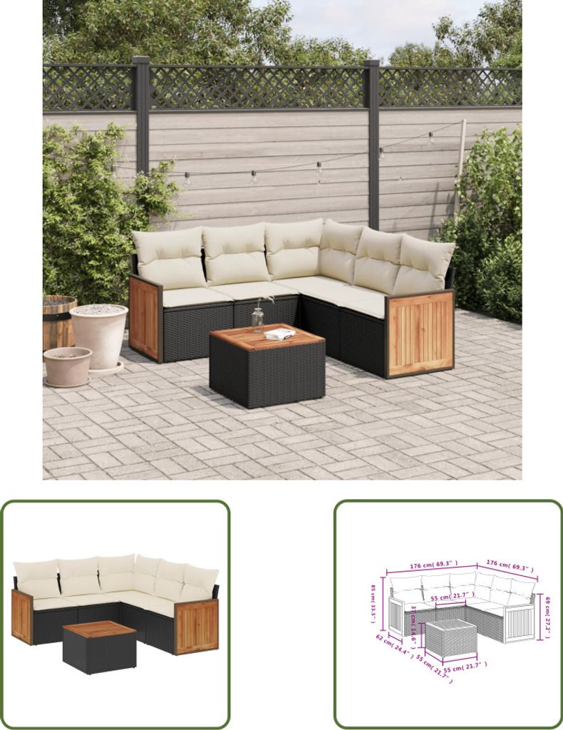 The Living Store 6-tlg. Garten-Sofagarnitur mit Kissen Schwarz Poly Rattan