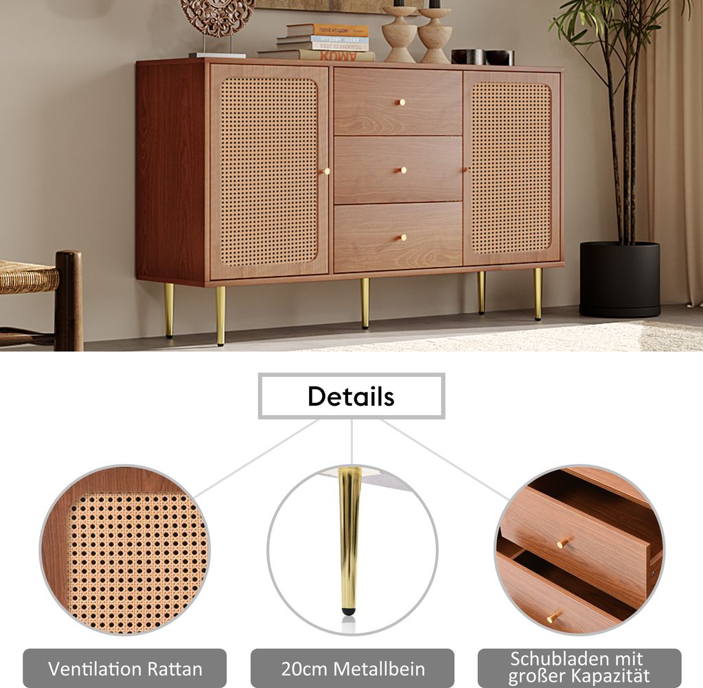 Rattanowa komoda z 2 drzwiami i 3 szufladami, regulowana Zdjęcie produktu 8