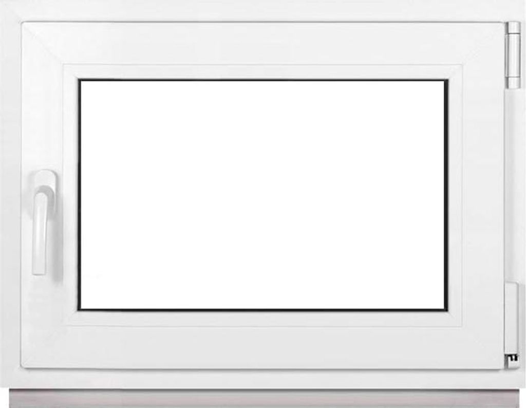 A white plastic window frame with a clear glass pane and a white handle.