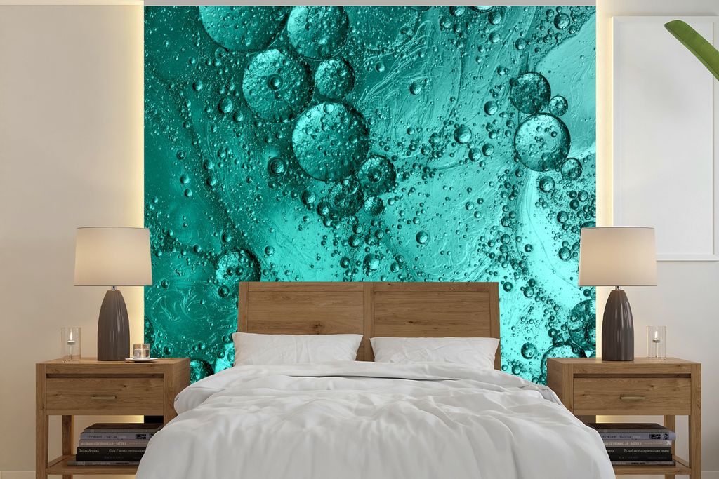 MuchoWow Fototapete für Wohnzimmer oder Schlafzimmer Wandtapete Vinyl Motivtapete Tropfen auf türkisem Hintergrund - 240x240 cm - Schlafzimmer-...