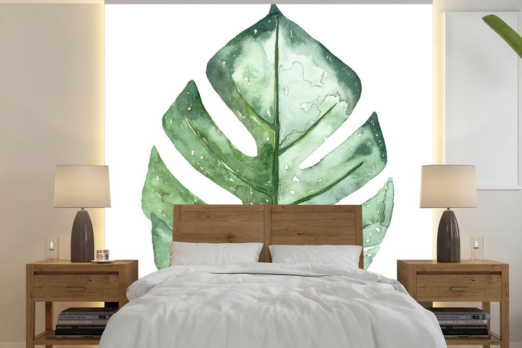 MuchoWow Fototapete für Wohnzimmer oder Schlafzimmer Wandtapete Vinyl Motivtapete Aquarell - Monstera - Blatt - 280x280 cm - Hintergrundbild
