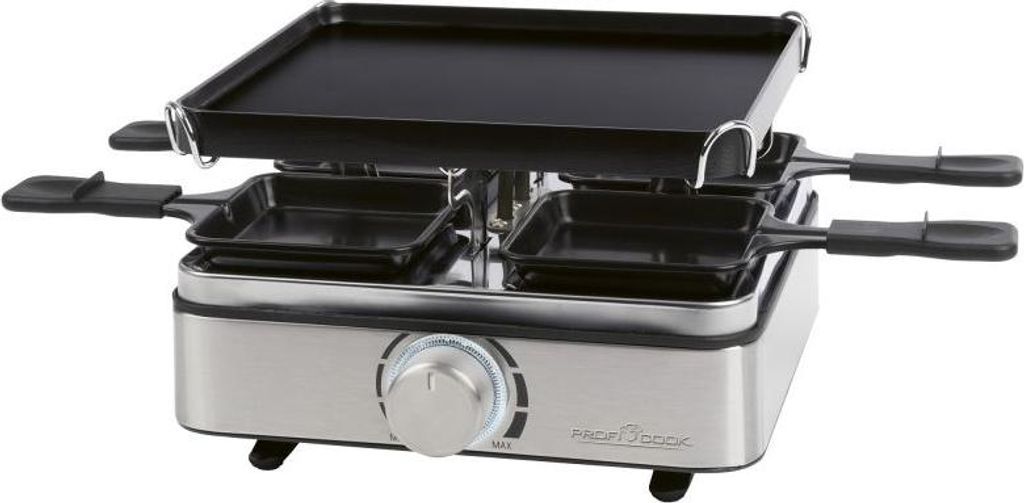ProfiCook® Raclette PC RG 1301, Raclette-Grill für 4 Personen mit 4 Pfännchen, Wendegussplatte, stufenlos regelbarem Thermostat und 800 Watt Leistung: Tests, Infos & Preisvergleich