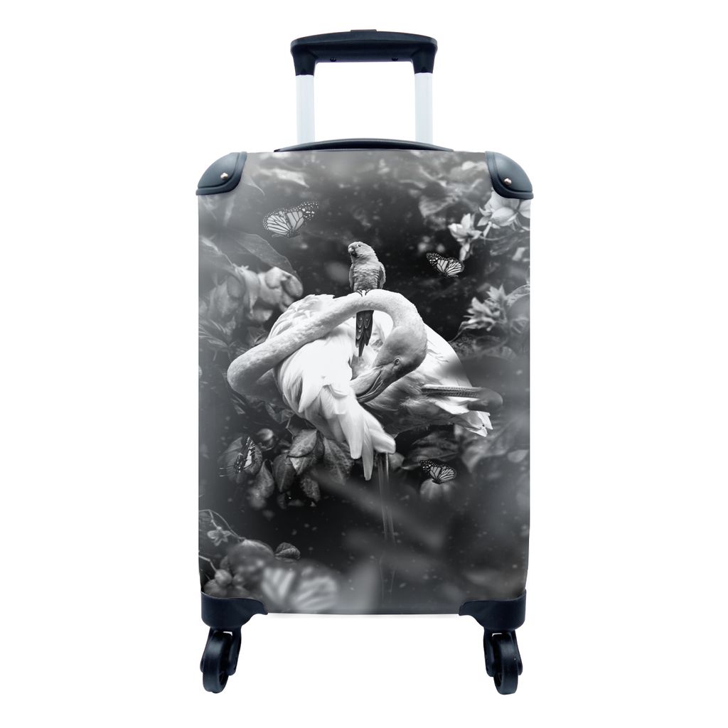 MuchoWow Koffer Handgepäck Trolley Rollkoffer Kleine Reisekoffer mit 4 Rollen - Flamingo und Schmetterlinge im Dschungel - schwarz und weiß - C...