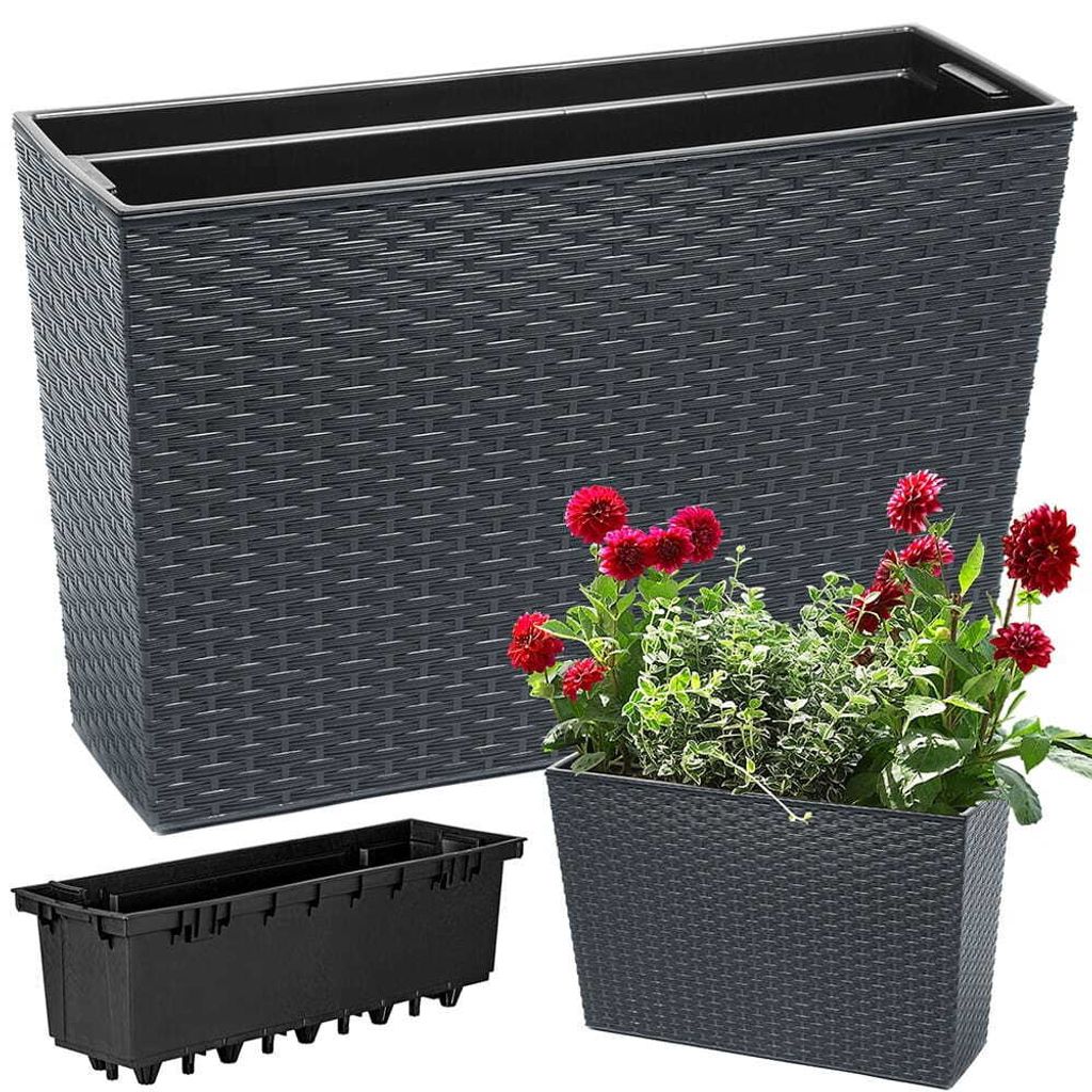 A dark grey rectangular planter with a woven texture, shown with a black plastic insert and a smaller planter with red flowers and green plants.