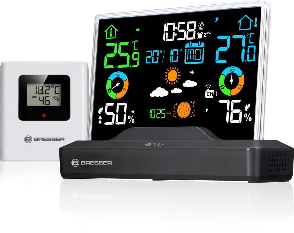 A weather station with a separate sensor and a main display unit.