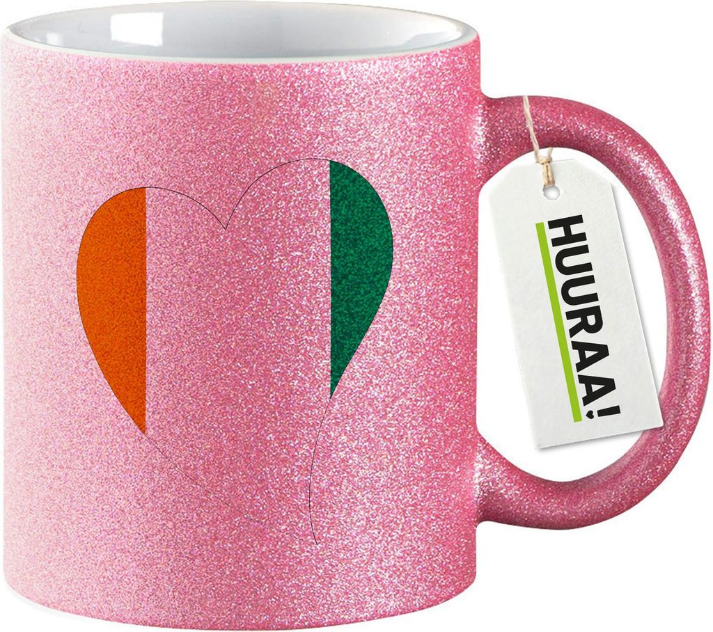 Huuraa Glitzertasse Elfenbeinküste Flagge Herz 330ml Pink Keramik Kaffeebecher Geschenkidee