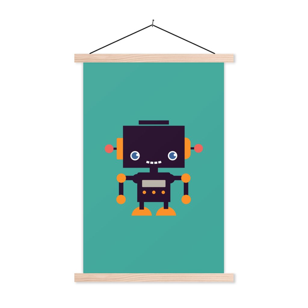 MuchoWow Textilposter Roboter - Gesicht - Antenne - Blau - Jungen 60x90 cm mit holzfarbenen Rahmen - Textil